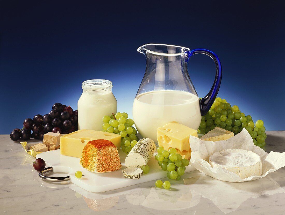 Milk, yoghurt, cheese and grapes