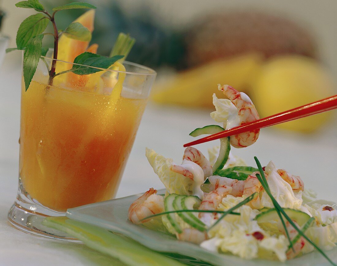 Shrimp salad and vitamin juice