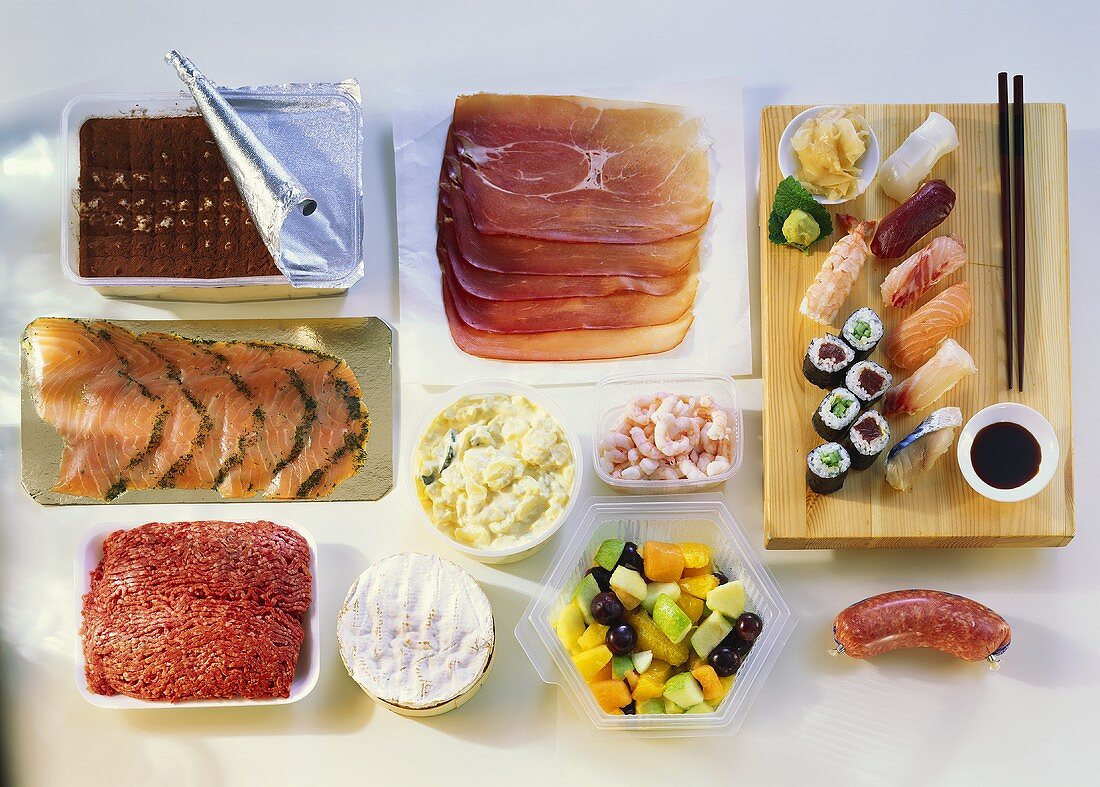 Various foods, tiramisu and sushi platter