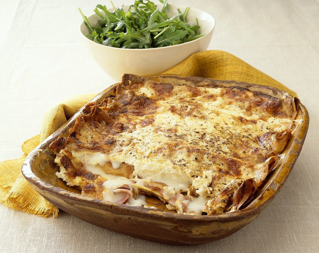 Baked pancakes with ham and cheese