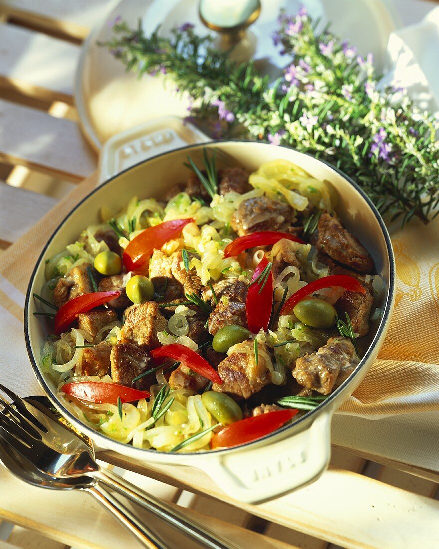 Mediterranean lamb stew with vegetables and rosemary