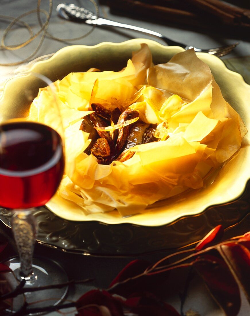 Dried fruit in filo pastry