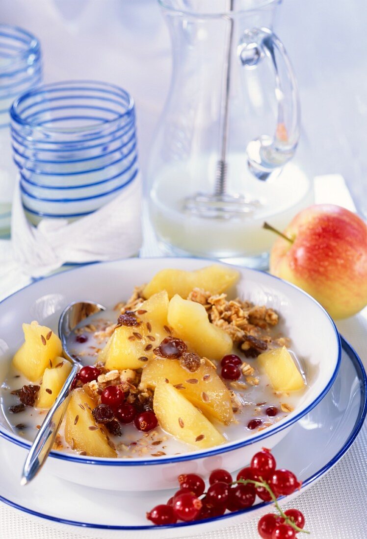 Whey muesli with stewed apples, rolled oats, linseed