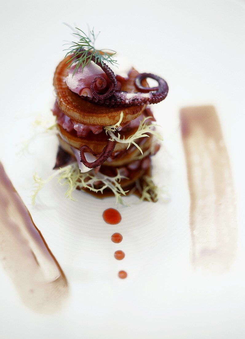 Tower of octopus and caramelised radish