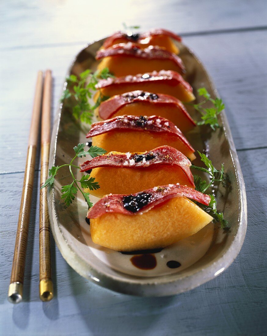 Honeydew melon snacks with smoked duck breast