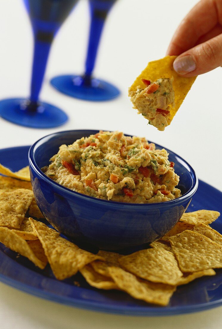 Spicy cheese dip with tortilla chips