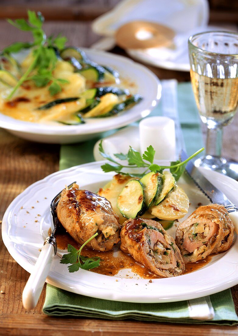 Veal roulades with courgette and potato gratin
