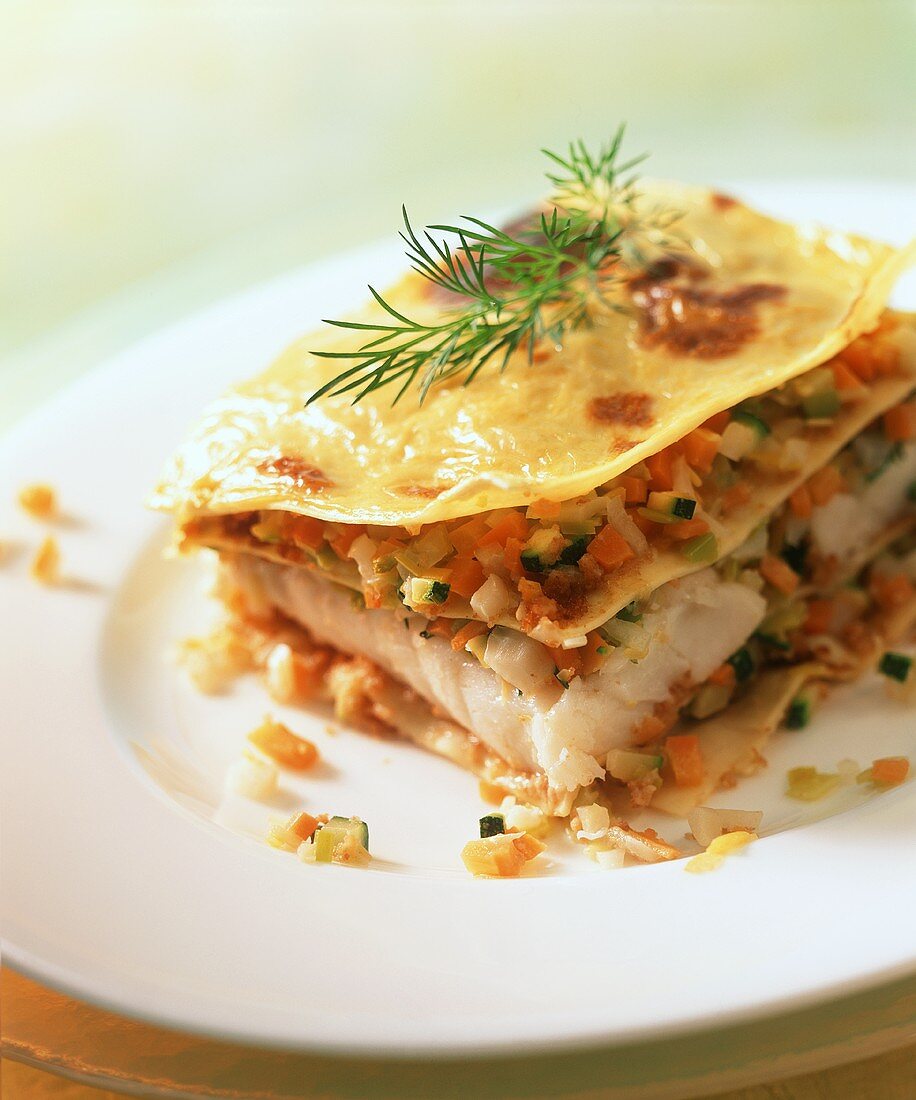 Monkfish lasagne with vegetables