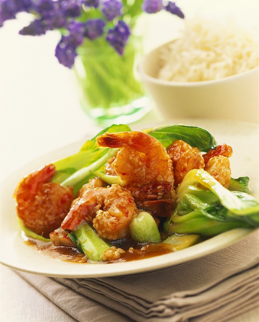 Sesame shrimps with pak choi; rice