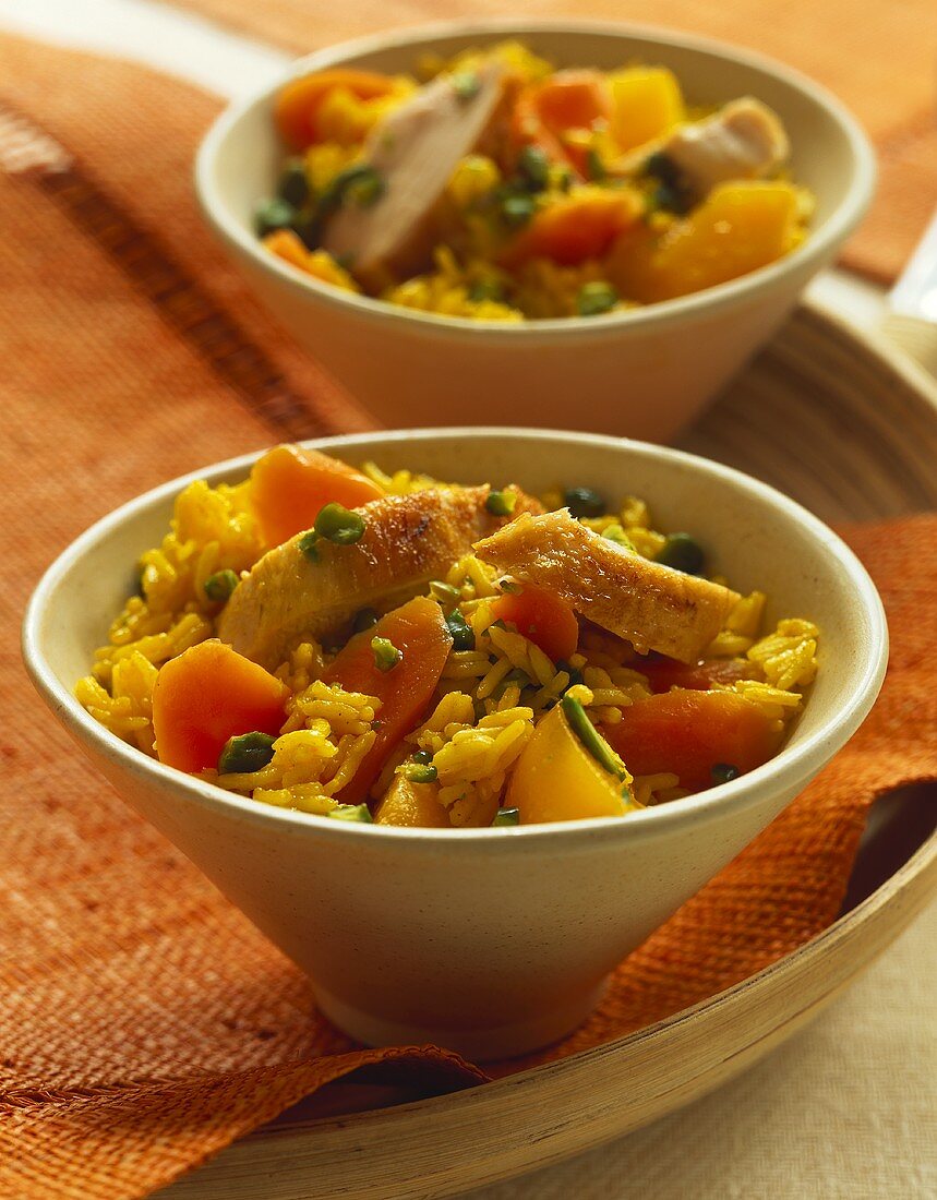 Pistachio rice with curried chicken and carrots