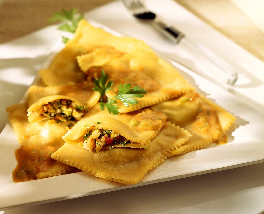 Ravioli with fish and herb filling
