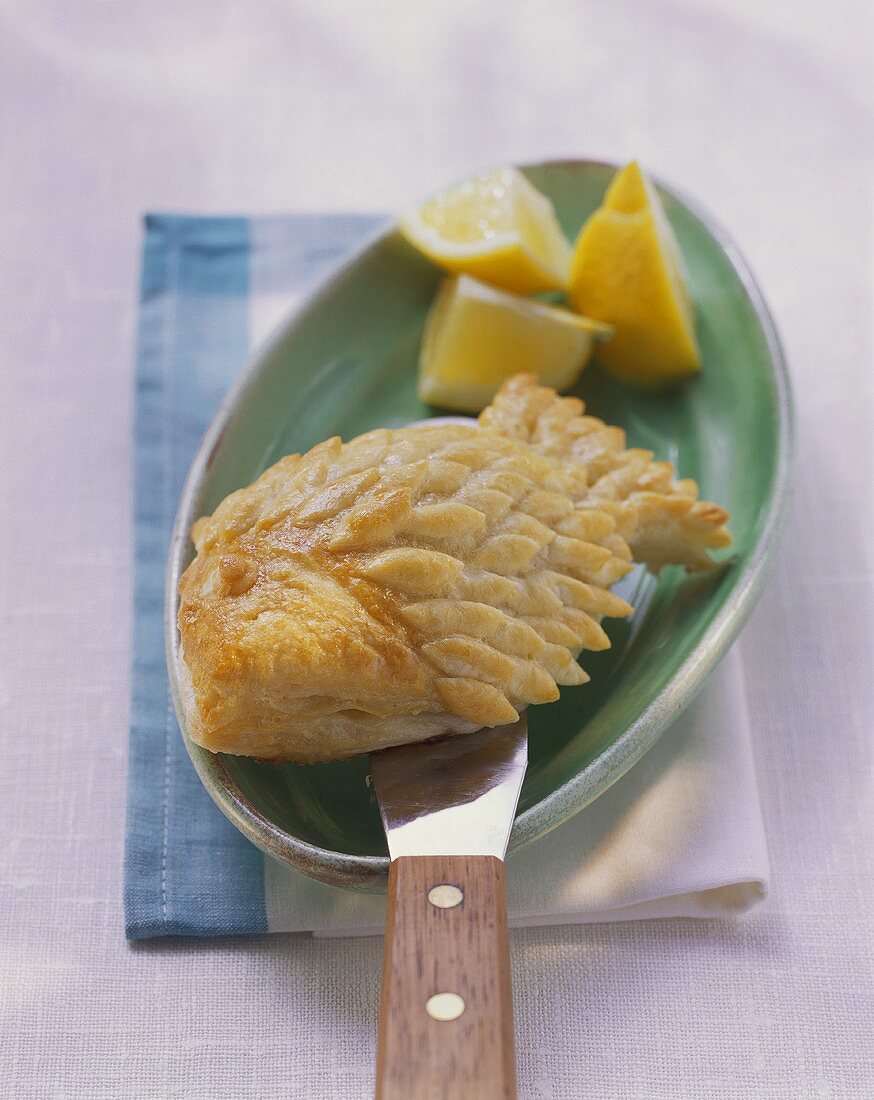 Puff pastry fish with wedges of lemon