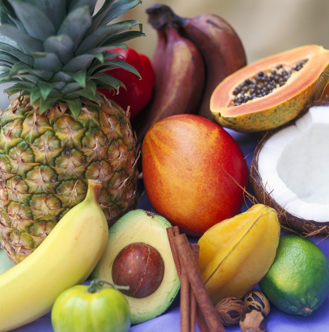 Various tropical fruits and spices