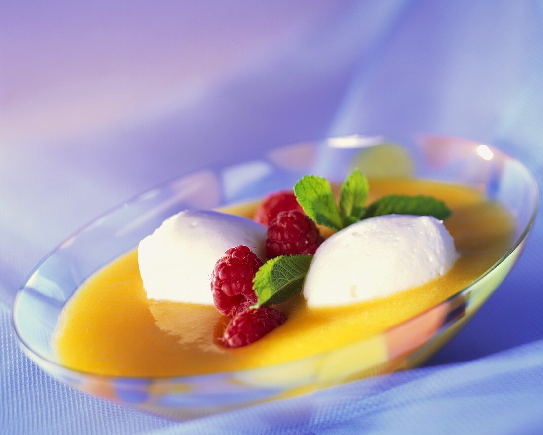 Apricot soup with buttermilk mousse, raspberries and mint