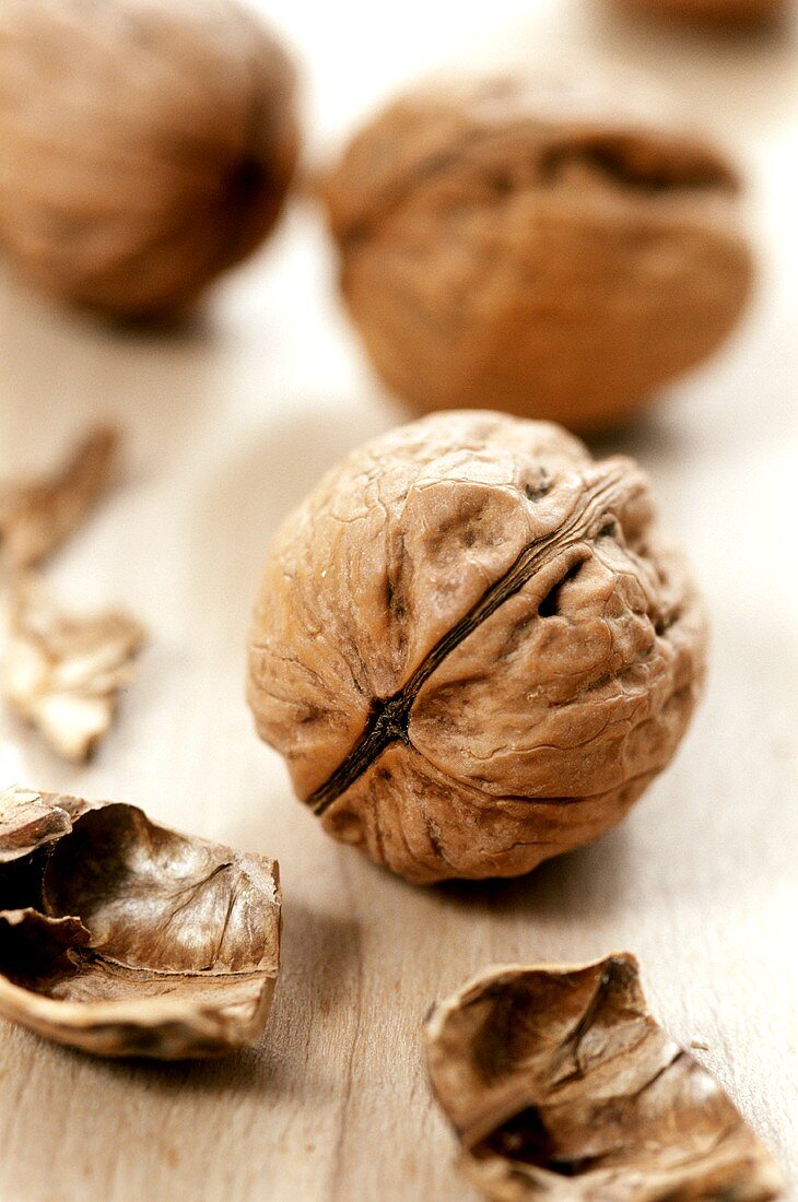 Walnuts and empty walnut shells