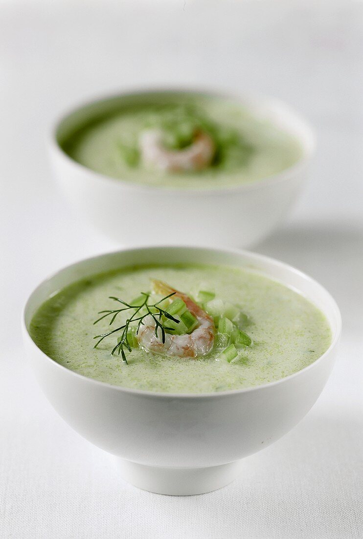 Cold cucumber soup with shrimps and dill