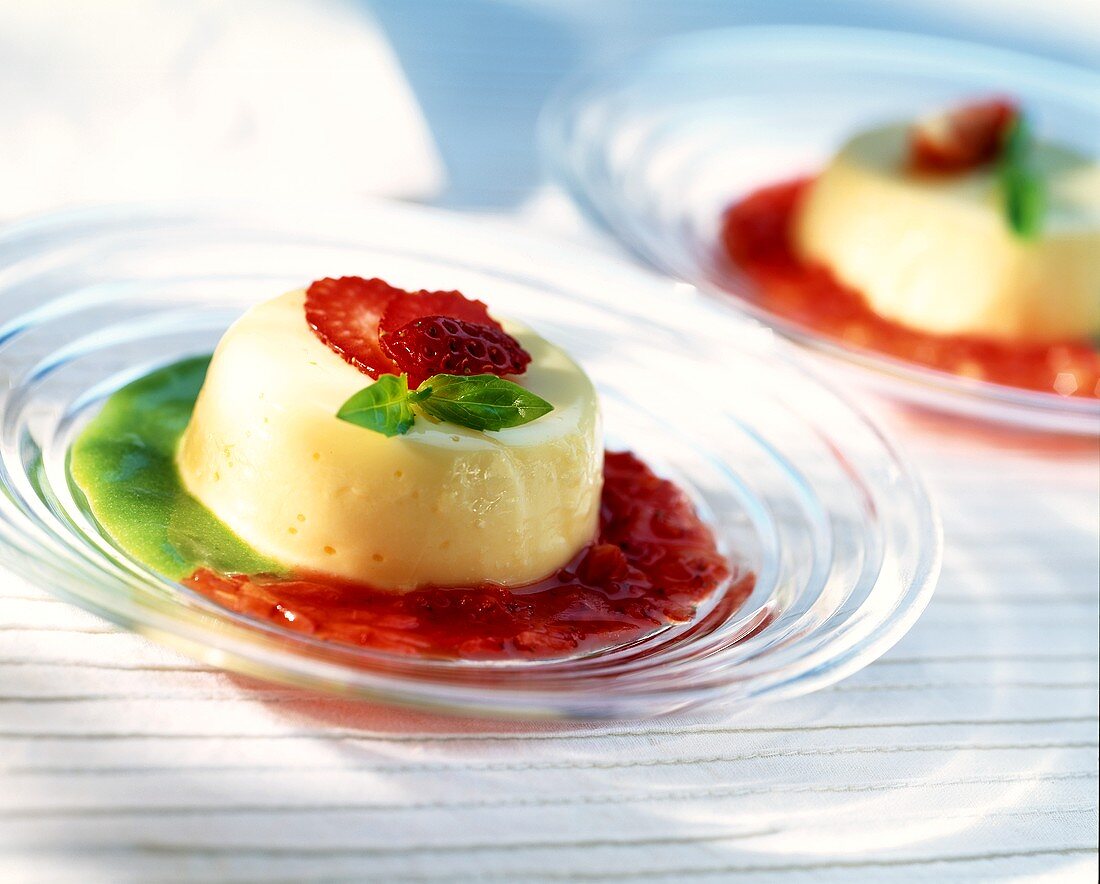 Vanilla blancmange with strawberry and basil sauce