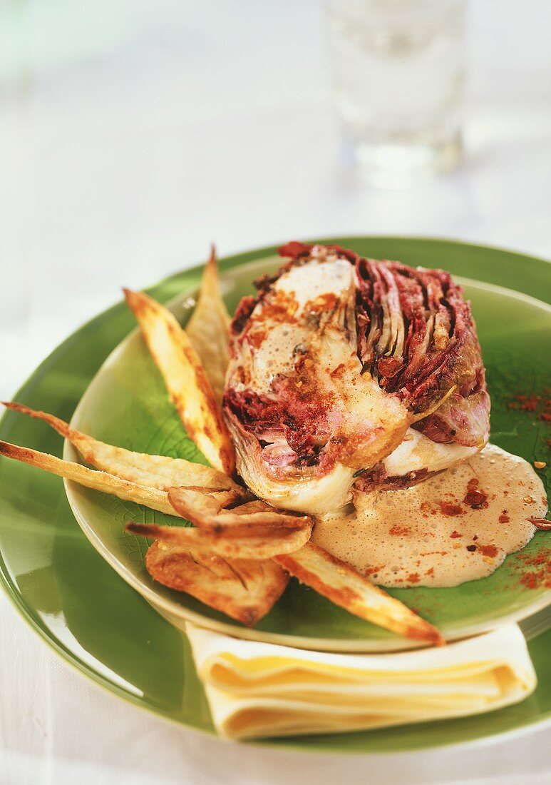Grilled radicchio with cheese sauce and cheese biscuits