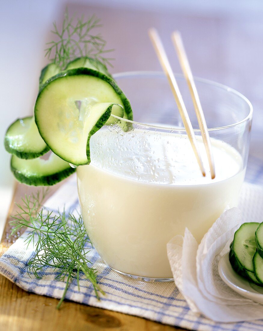 Whey drink with cucumber decoration