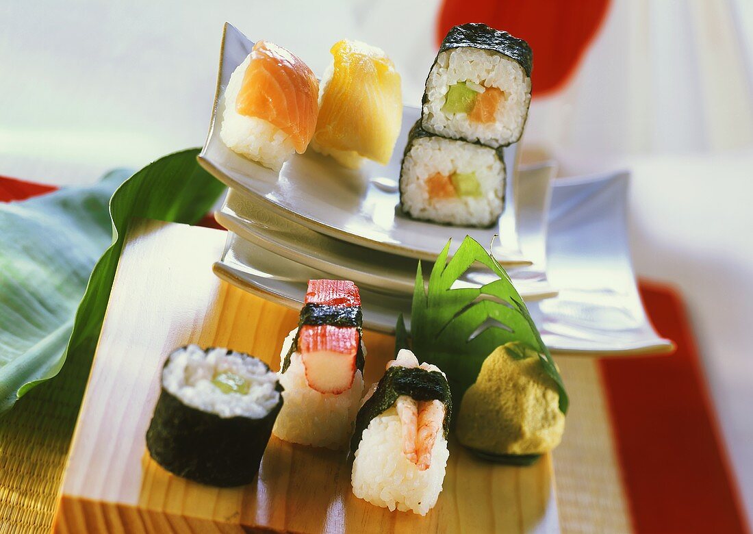 Assorted sushi with wasabi on platter