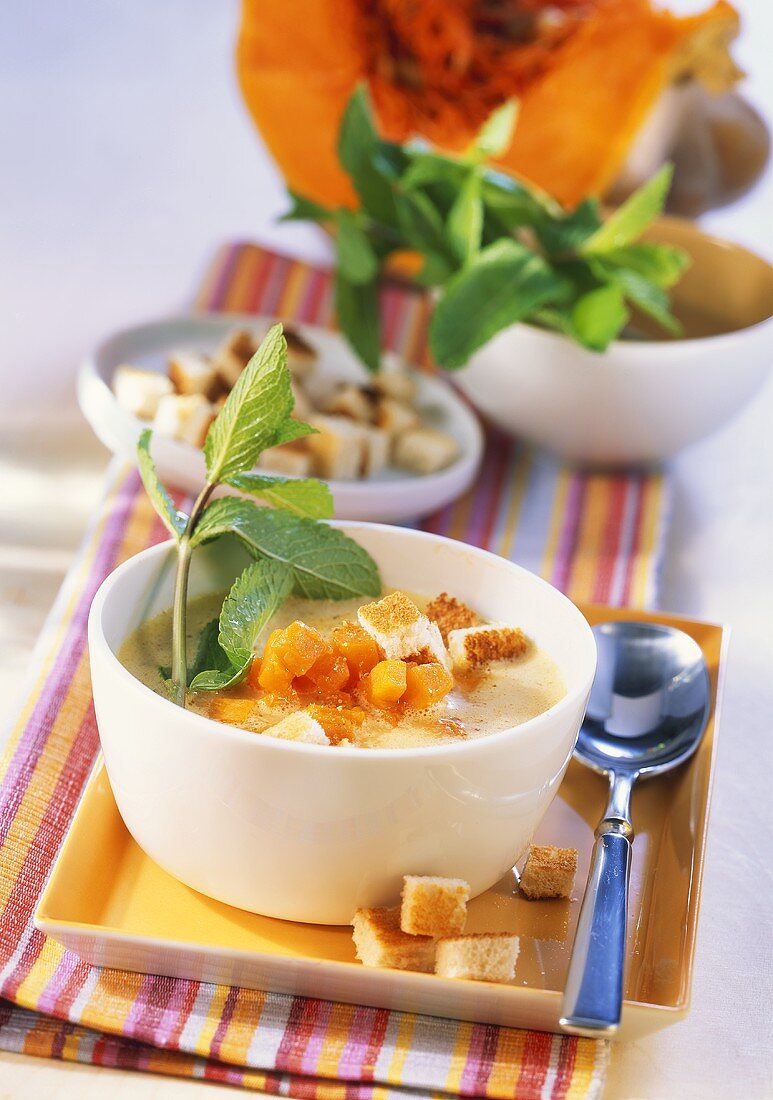 Apple and pumpkin soup with mint and croutons