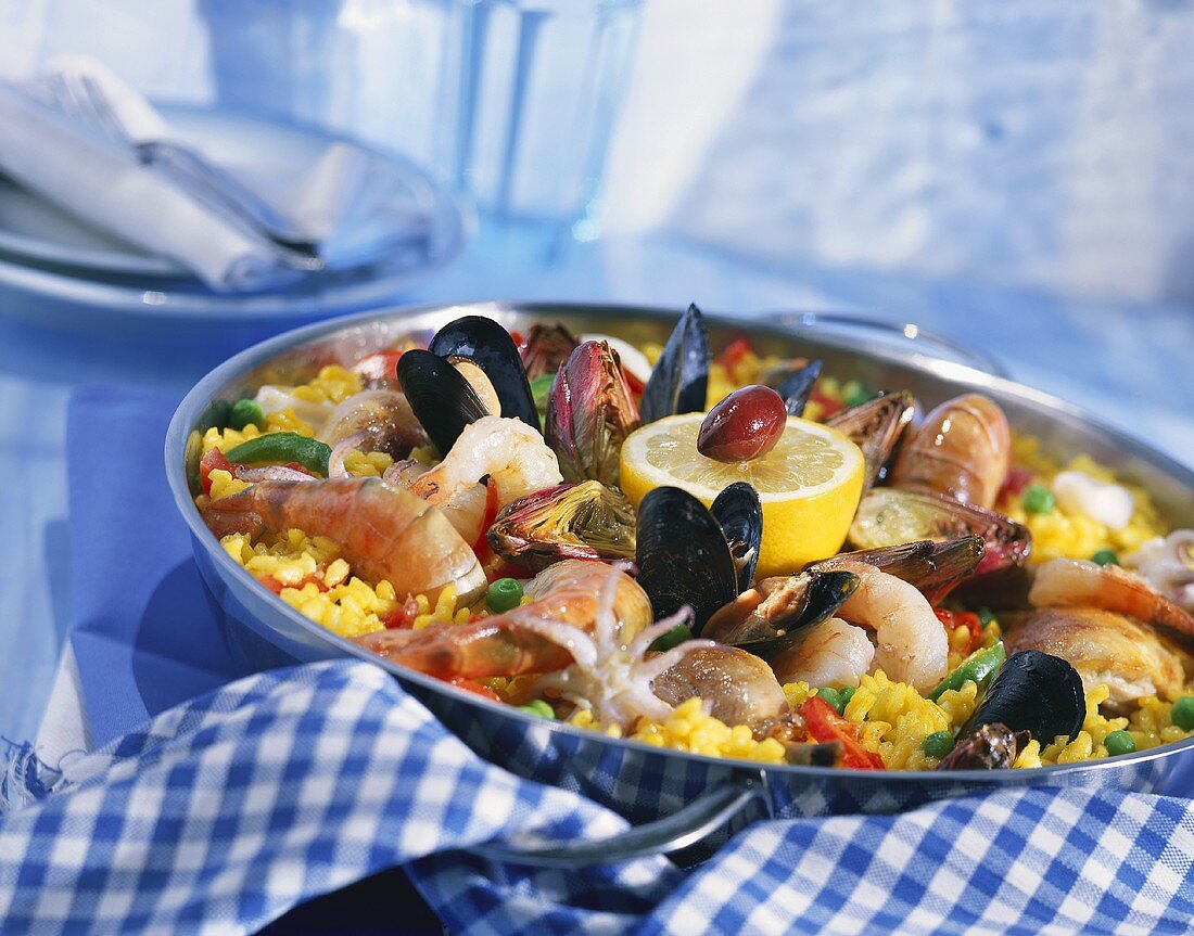 Paella with seafood and artichokes