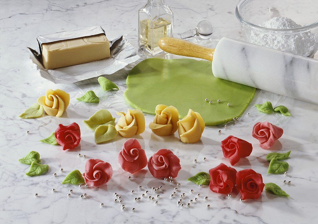 Marzipan roses with ingredients