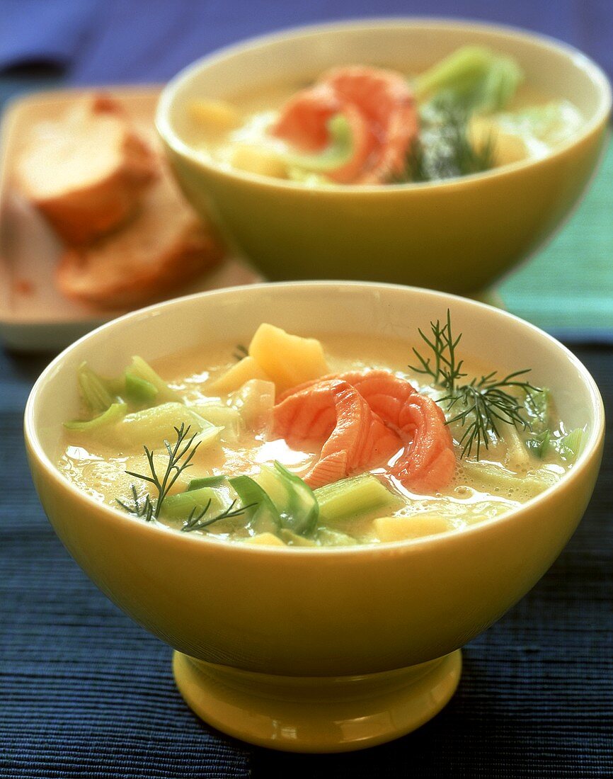 Potato and leek soup with salmon