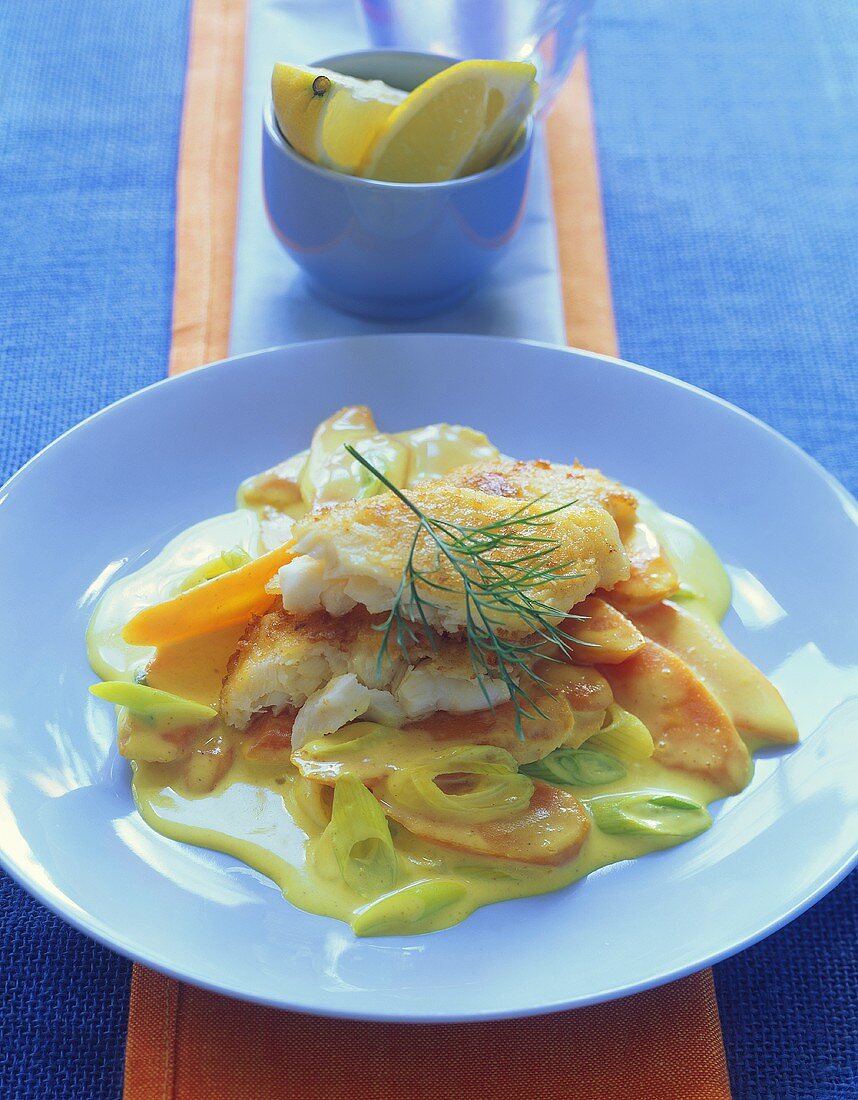 Fish fillet on curried carrots with ginger