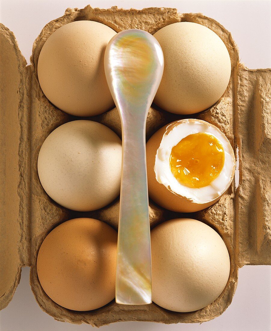 Gekochte Eier im Eierkarton (eines aufgeschlagen)