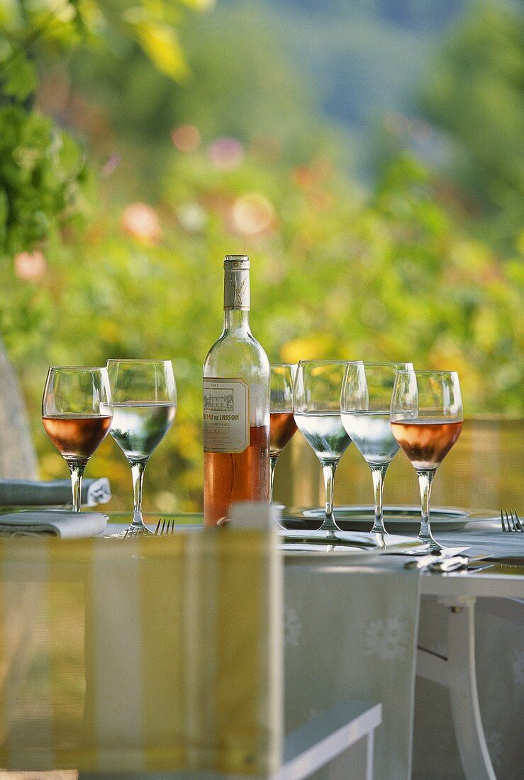 Rosé wine in glasses and bottle on table (Provence)