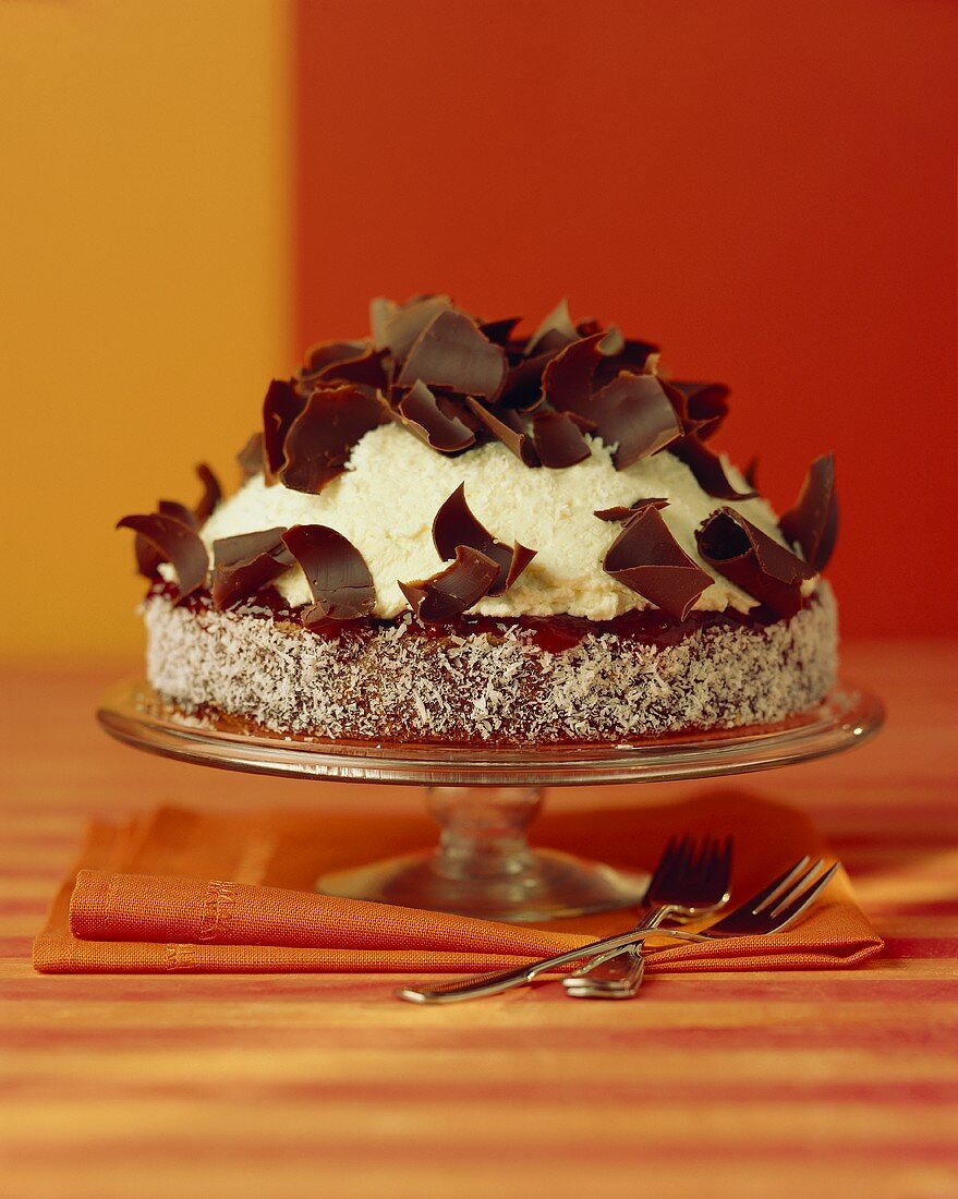 Chocolate and coconut torte with chocolate curls