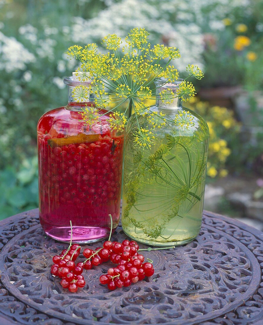 Redcurrant liqueur & herb oil with dill on table in open air