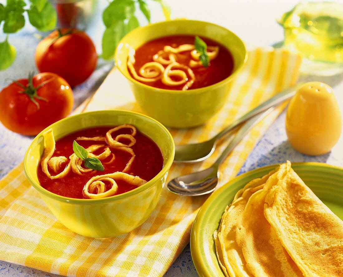 Tomato soup with strips of pancake