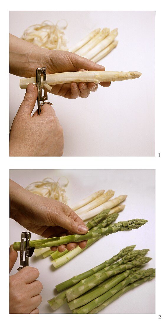 Peeling white and green asparagus