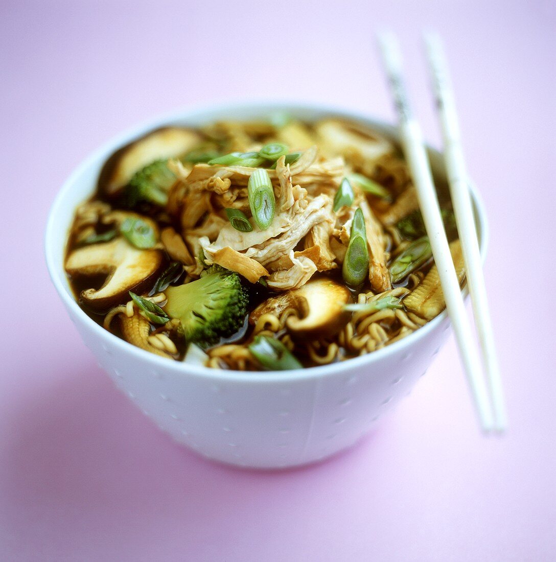 Chinesische Eiernudelsuppe mit Gemüse, Pilzen und Hähnchen