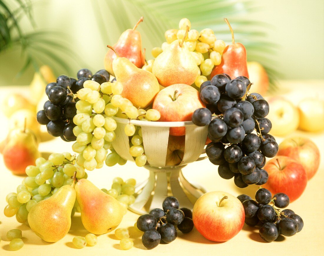 Fruit bowl with grapes, apples and pears
