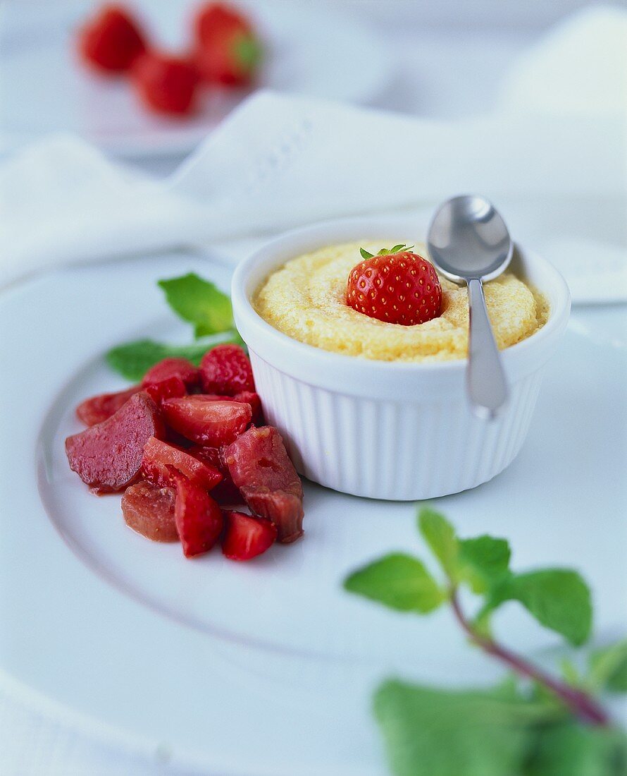 Semolina flummery with strawberry and rhubarb compote