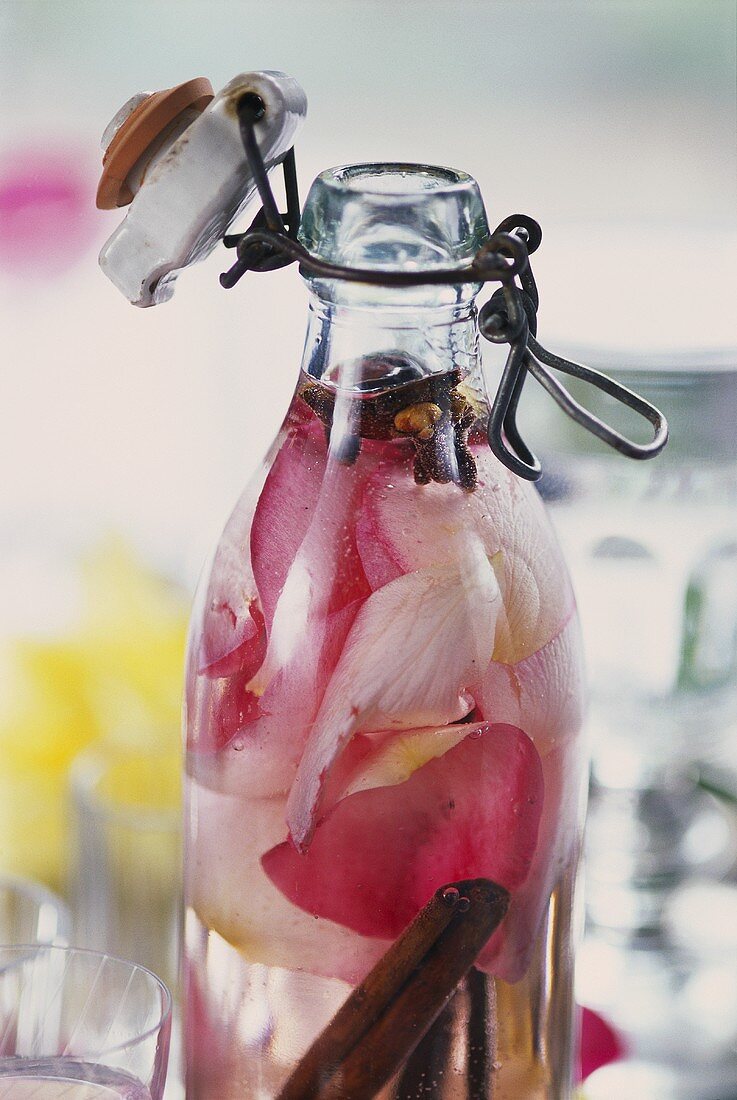 Home-made rose water in bottle