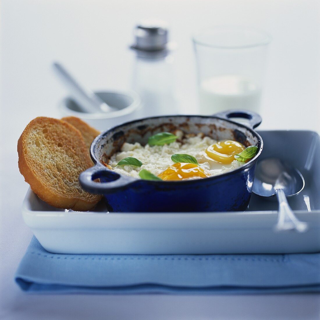 Fried eggs with basil; toast