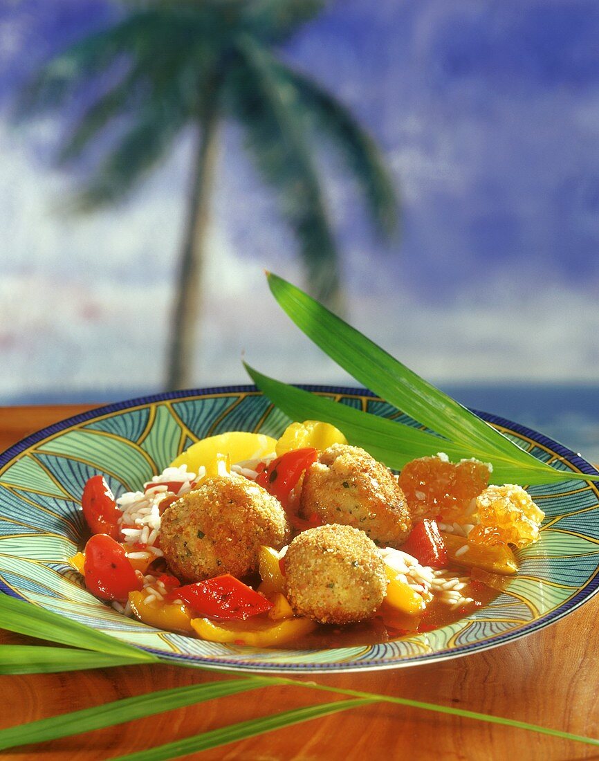 Chicken rissoles in honey sauce with pineapple and peppers