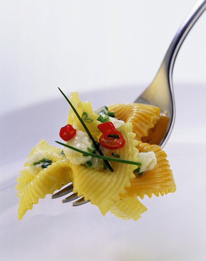 Farfalle with sheep’s cheese sauce on fork