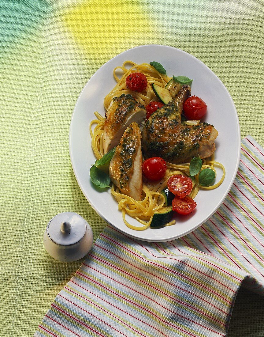 Chicken with herbs, ribbon pasta, cherry tomatoes & basil