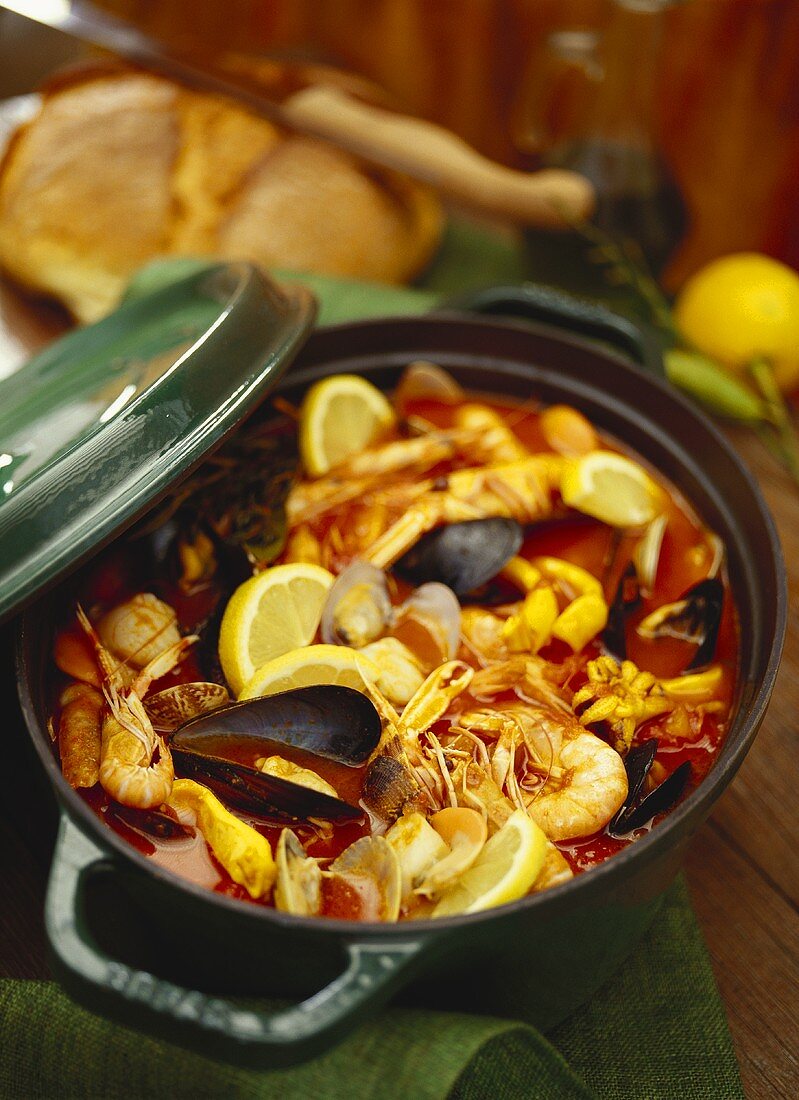 Seafood soup in pot