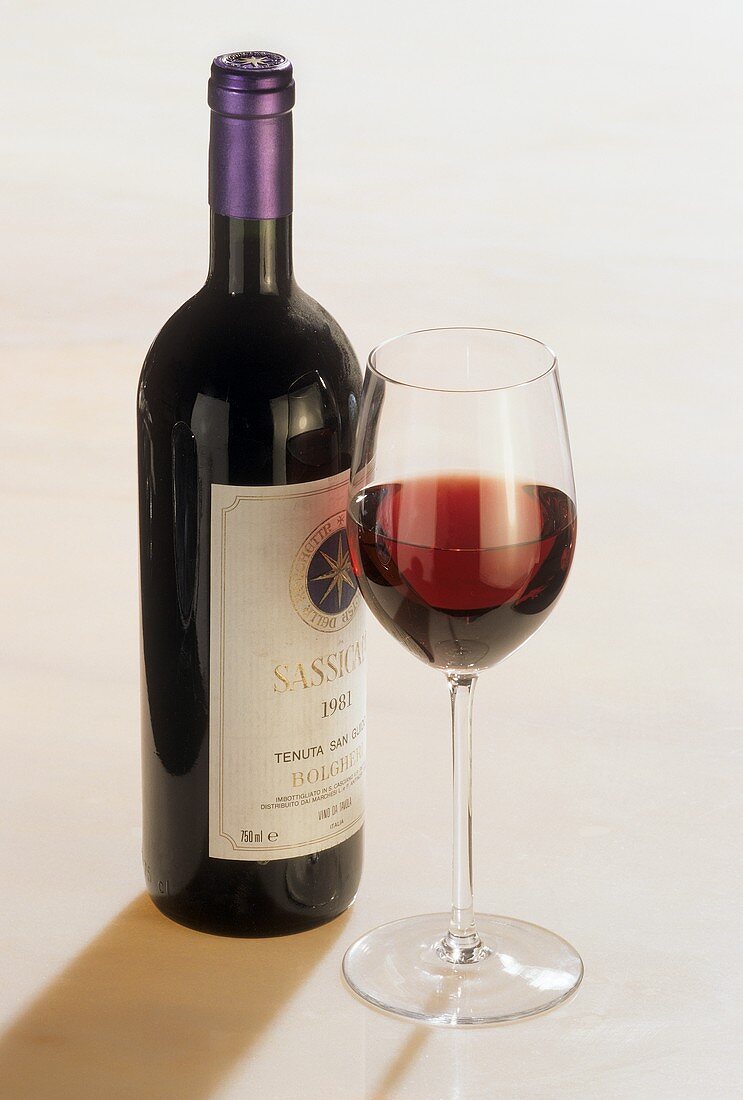 High-class Italian red wine 'Sassicaia' with glass, Italy