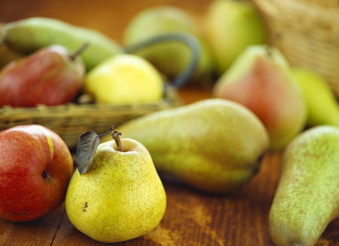 Various kinds of pears of pears on wooden background