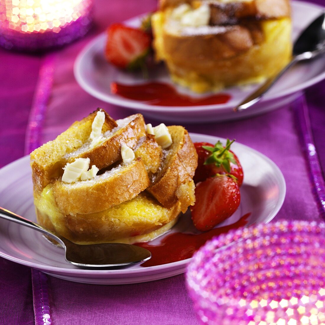 Bread pudding with strawberry sauce