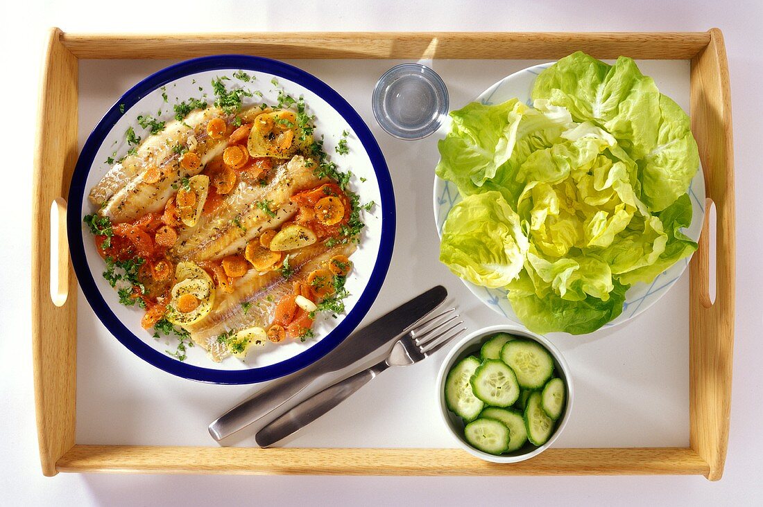 Fisch mit Möhren, Kopfsalat und Gurken auf Tablett