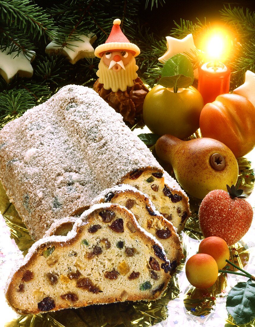 Christmas stollen with marzipan fruits