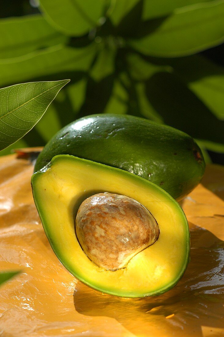 Ganze und halbe Avocado mit Kern